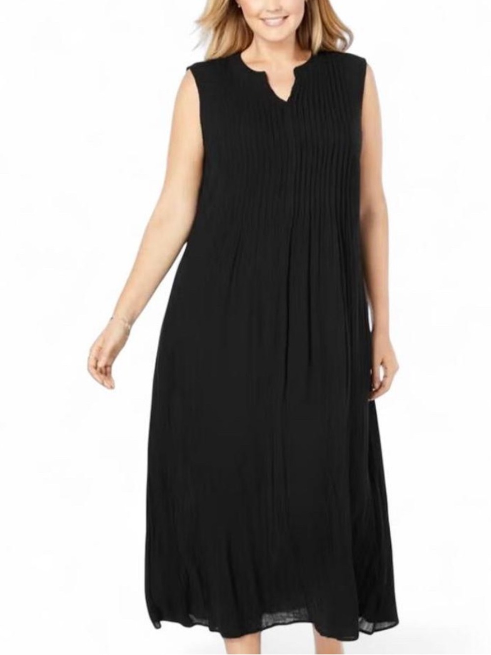 Woman Within Black Pintuck Crinkle Maxi Dress Sleeveless Plus Size 1X 22/24 EUC
